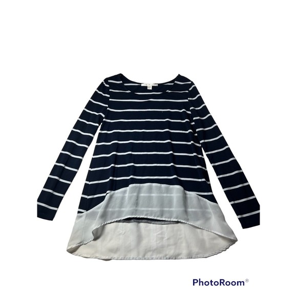 Boston Proper Striped Top XS Navy White Long‎ Sleeve Preppy Womens Blouse - Picture 1 of 6
